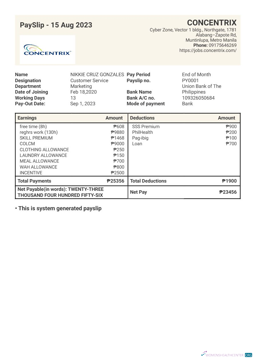 Download Concentrix technology and services payslip template in Word and PDF formats.pdf, 1 Photoshop template
